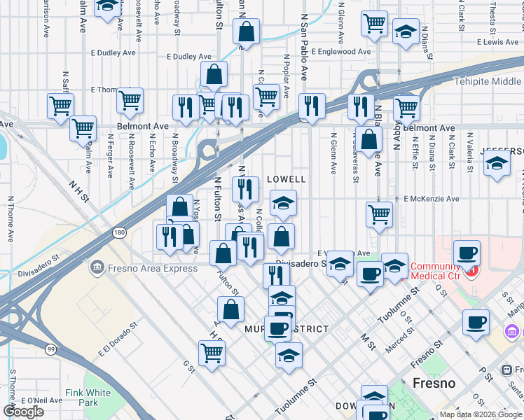 map of restaurants, bars, coffee shops, grocery stores, and more near 280 North College Avenue in Fresno
