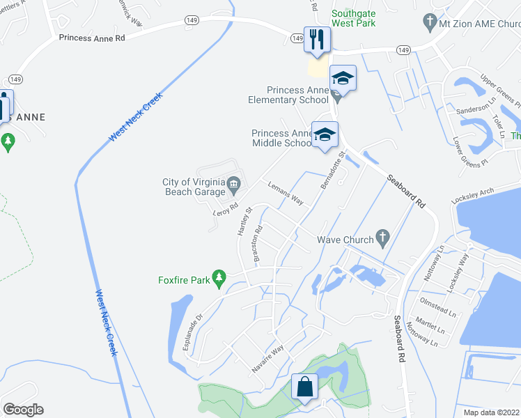 map of restaurants, bars, coffee shops, grocery stores, and more near 2556 Hartley Street in Virginia Beach