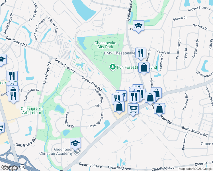 map of restaurants, bars, coffee shops, grocery stores, and more near 608 Lacy Oak Drive in Chesapeake
