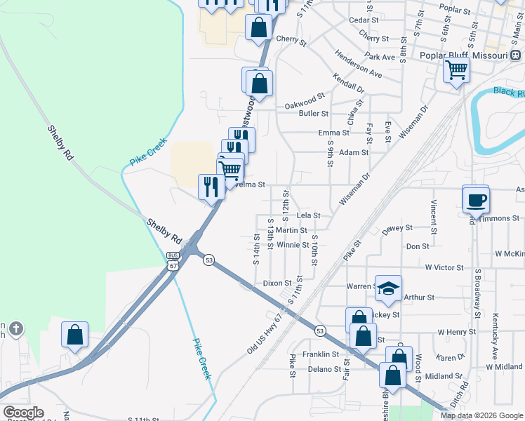 map of restaurants, bars, coffee shops, grocery stores, and more near 1099 South 13th Street in Poplar Bluff