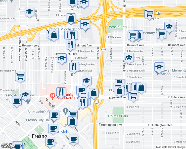 map of restaurants, bars, coffee shops, grocery stores, and more near 2809 East McKenzie Avenue in Fresno