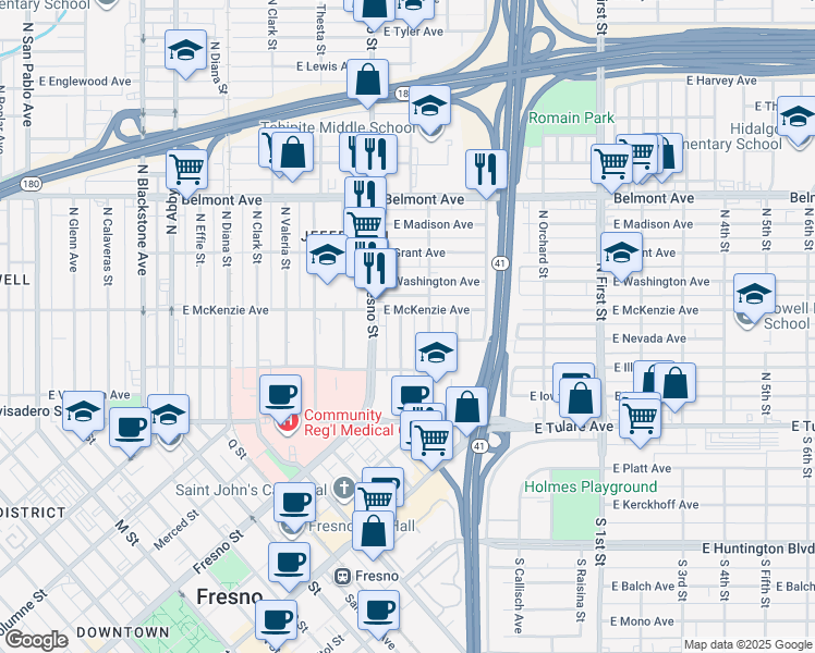 map of restaurants, bars, coffee shops, grocery stores, and more near 2635 East McKenzie Avenue in Fresno
