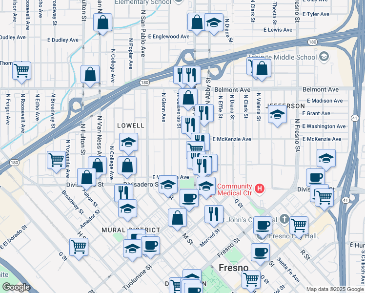 map of restaurants, bars, coffee shops, grocery stores, and more near 306 North Calaveras Street in Fresno