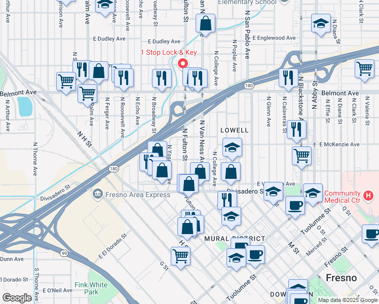 map of restaurants, bars, coffee shops, grocery stores, and more near 255 North Fulton Street in Fresno