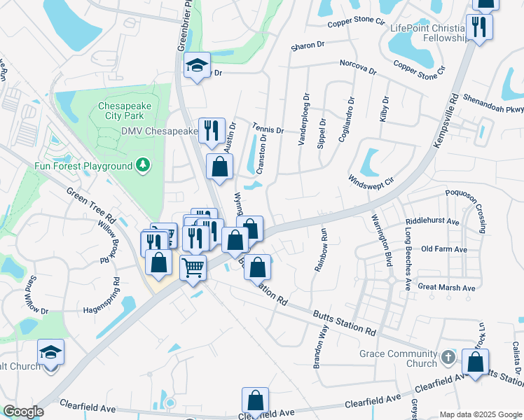 map of restaurants, bars, coffee shops, grocery stores, and more near 916 Sharon Drive in Chesapeake