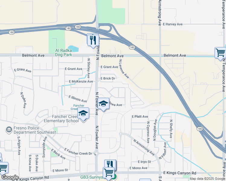 map of restaurants, bars, coffee shops, grocery stores, and more near 6185 East Peruna Way in Fresno
