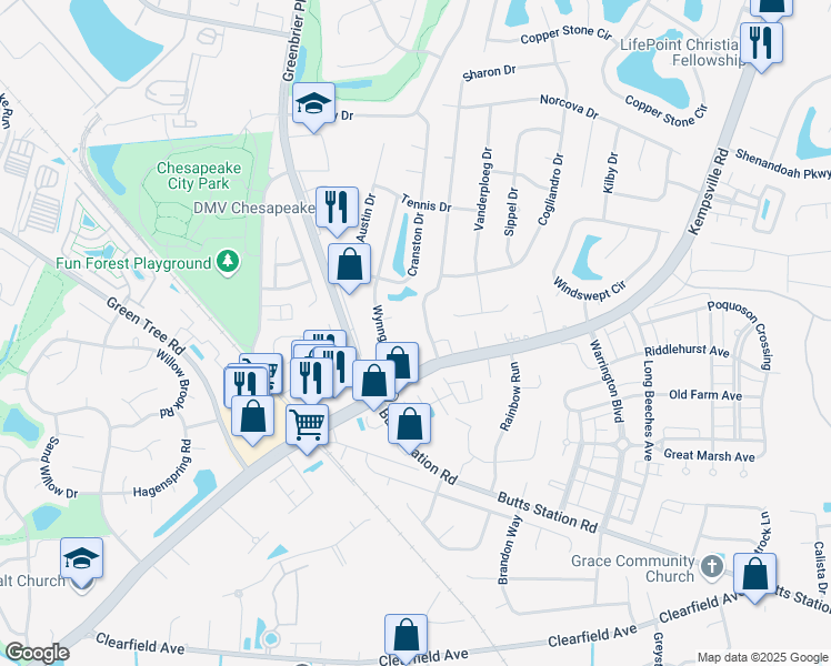 map of restaurants, bars, coffee shops, grocery stores, and more near 916 Sharon Drive in Chesapeake