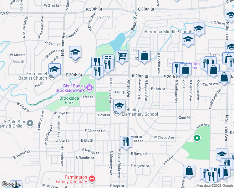 map of restaurants, bars, coffee shops, grocery stores, and more near 507 East 17th Street in Farmington