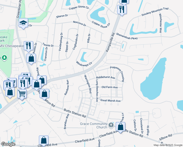 map of restaurants, bars, coffee shops, grocery stores, and more near 1136 Winsford Lane in Chesapeake