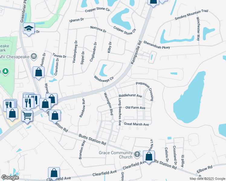 map of restaurants, bars, coffee shops, grocery stores, and more near 1136 Winsford Lane in Chesapeake
