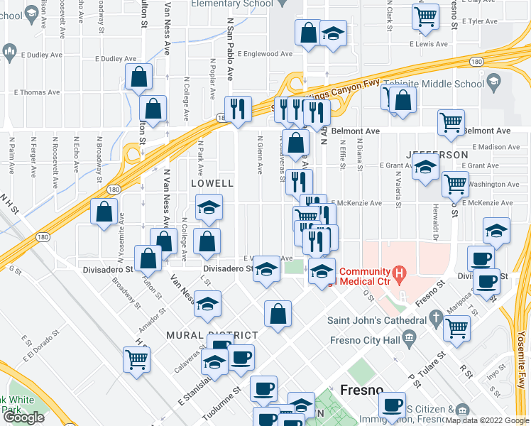 map of restaurants, bars, coffee shops, grocery stores, and more near 274 North Glenn Avenue in Fresno