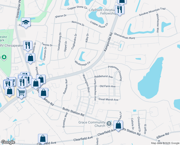 map of restaurants, bars, coffee shops, grocery stores, and more near 1240 Windswept Circle in Chesapeake