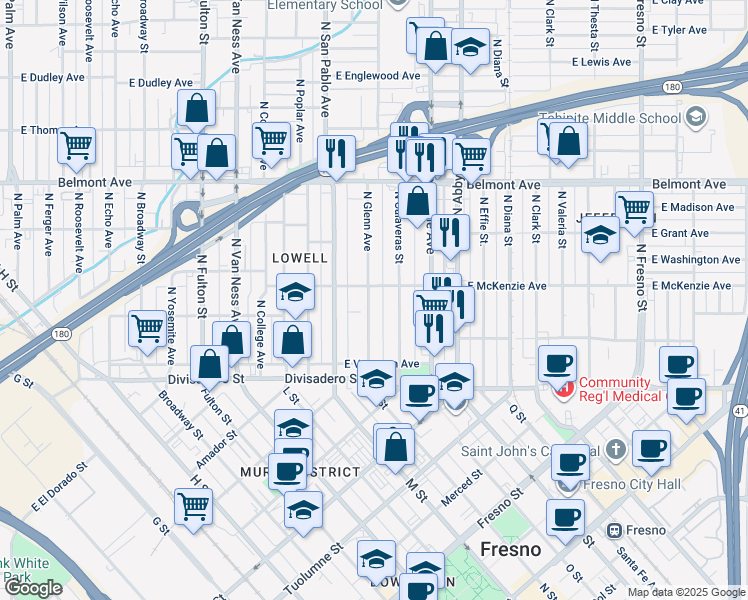 map of restaurants, bars, coffee shops, grocery stores, and more near 274 North Glenn Avenue in Fresno