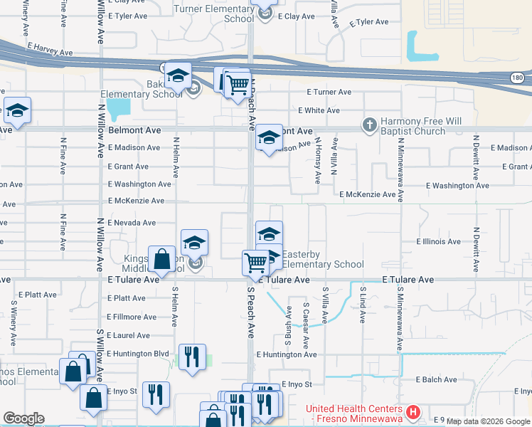 map of restaurants, bars, coffee shops, grocery stores, and more near in Fresno