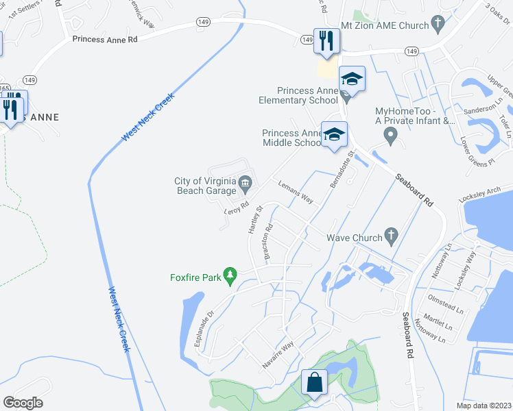 map of restaurants, bars, coffee shops, grocery stores, and more near 2580 Hartley Street in Virginia Beach