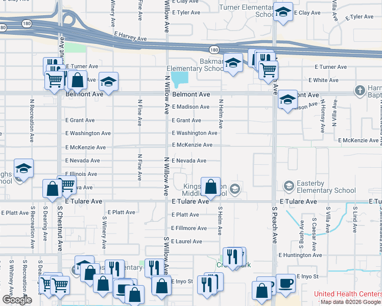 map of restaurants, bars, coffee shops, grocery stores, and more near 307 North Adler Avenue in Fresno