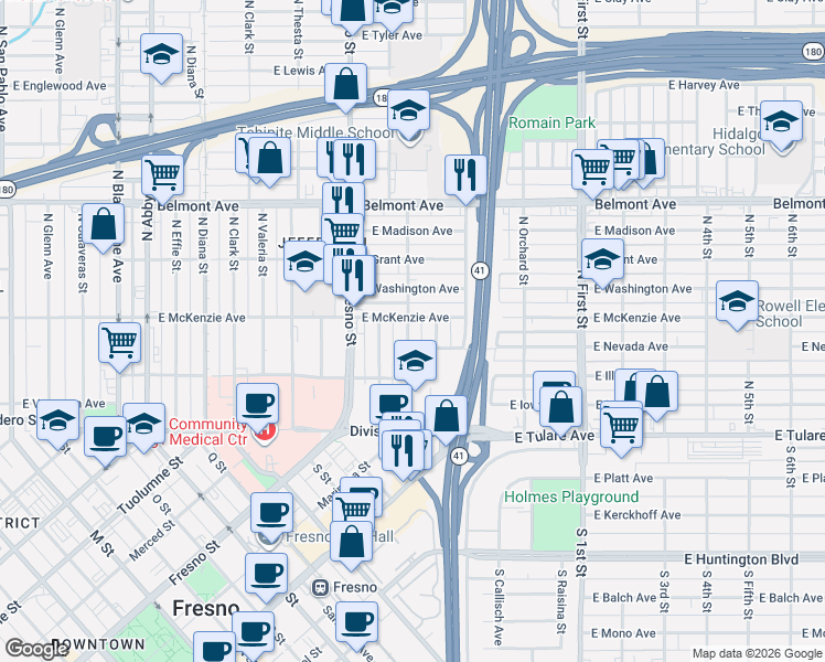 map of restaurants, bars, coffee shops, grocery stores, and more near 2635 East McKenzie Avenue in Fresno