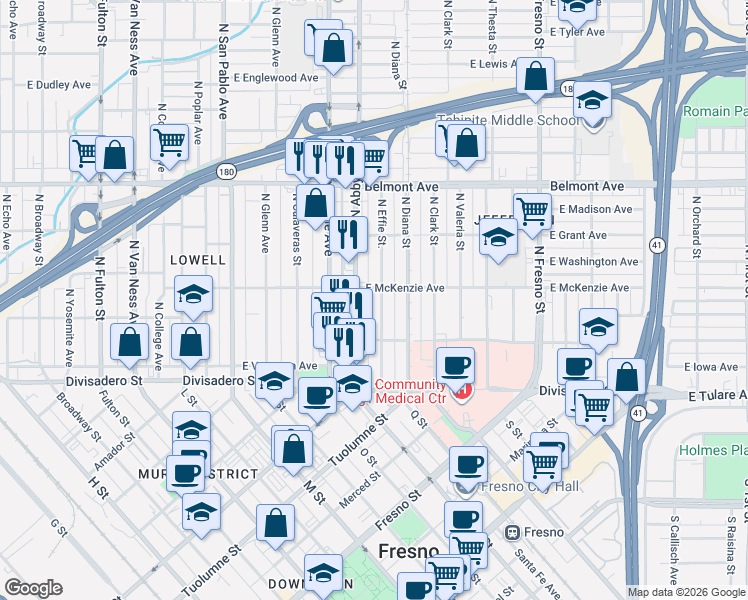 map of restaurants, bars, coffee shops, grocery stores, and more near 303 North Effie Street in Fresno