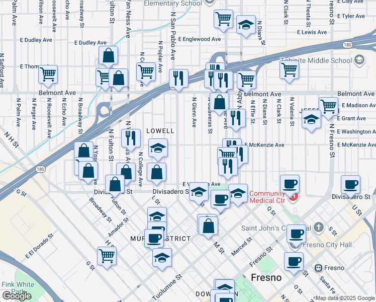 map of restaurants, bars, coffee shops, grocery stores, and more near 304 North San Pablo Avenue in Fresno