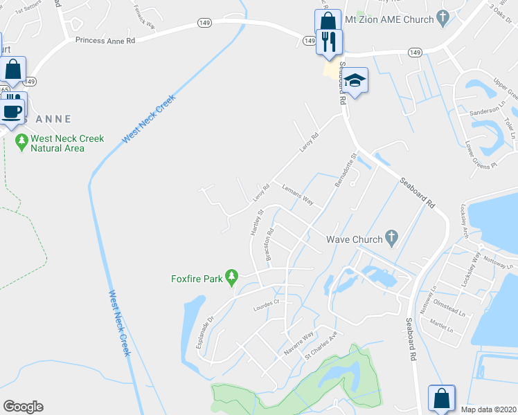 map of restaurants, bars, coffee shops, grocery stores, and more near 2633 Leroy Road in Virginia Beach