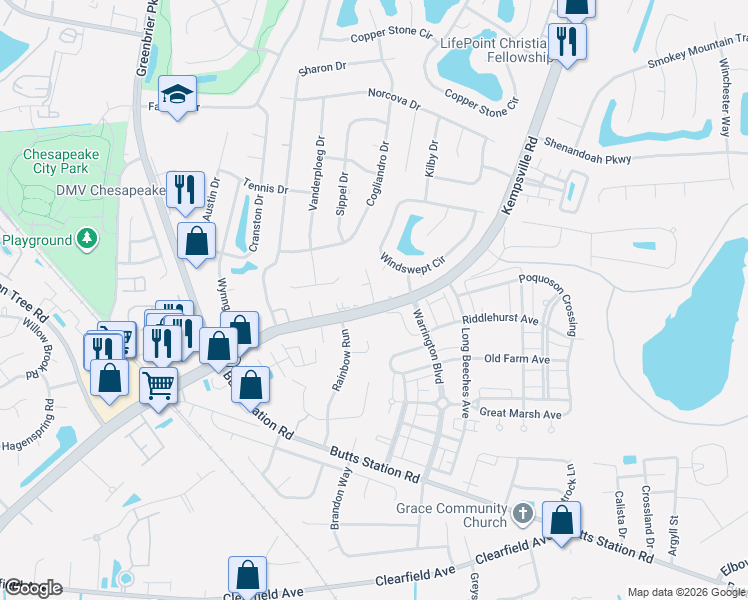 map of restaurants, bars, coffee shops, grocery stores, and more near 912 Grover Court in Chesapeake