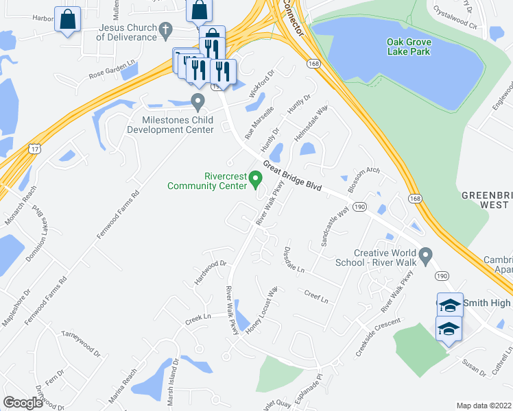 map of restaurants, bars, coffee shops, grocery stores, and more near 1001 River Walk Parkway in Chesapeake