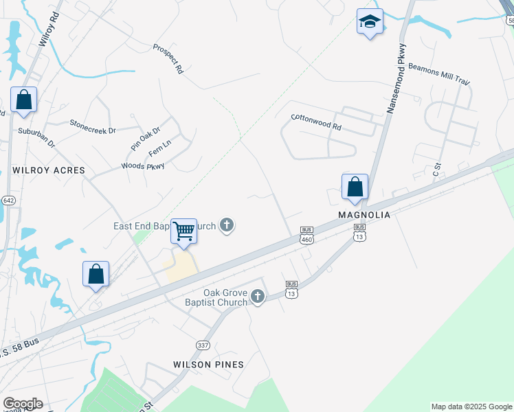 map of restaurants, bars, coffee shops, grocery stores, and more near 223 Prospect Road in Suffolk