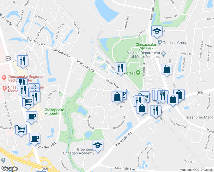 map of restaurants, bars, coffee shops, grocery stores, and more near 825 Rystrom Run in Chesapeake