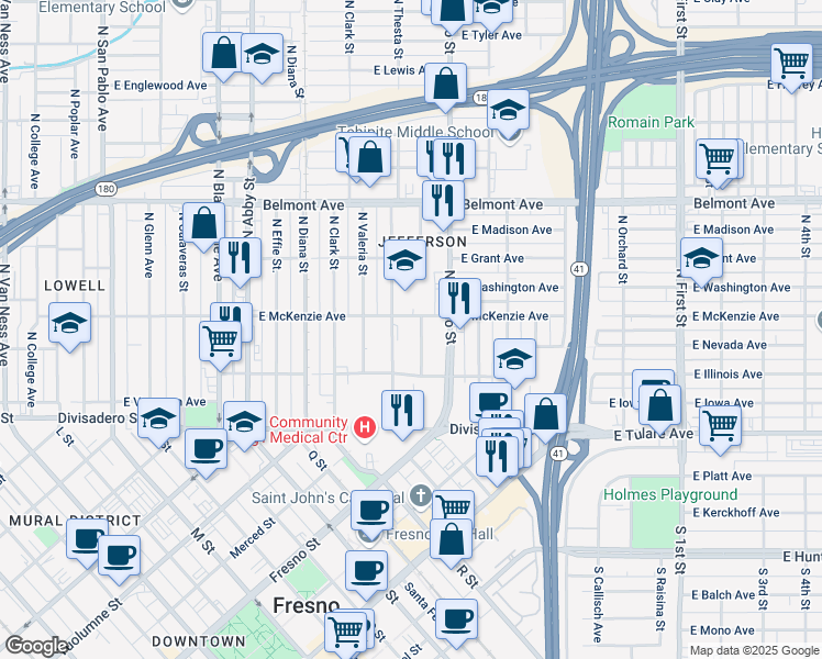 map of restaurants, bars, coffee shops, grocery stores, and more near 290 North Wayte Lane in Fresno