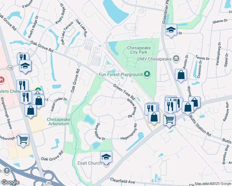 map of restaurants, bars, coffee shops, grocery stores, and more near 825 Rystrom Run in Chesapeake