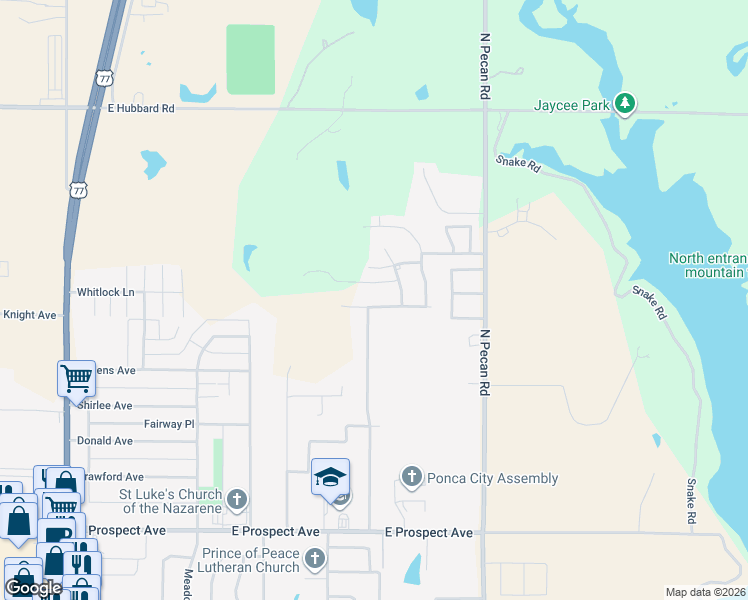 map of restaurants, bars, coffee shops, grocery stores, and more near 2303 Oxford Drive in Ponca City