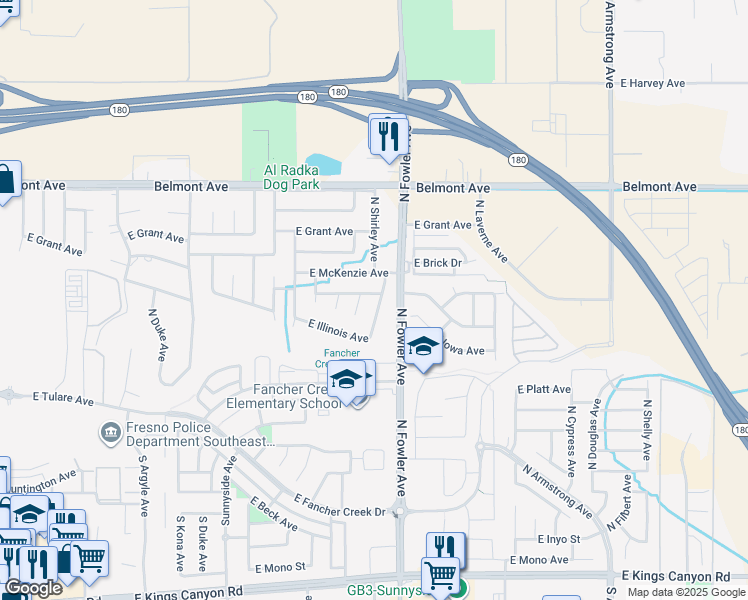 map of restaurants, bars, coffee shops, grocery stores, and more near 5974 East McKenzie Avenue in Fresno