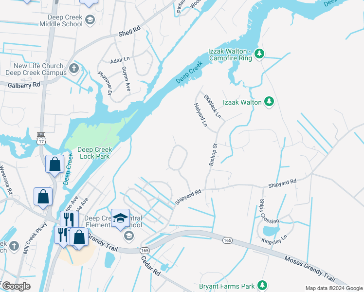 map of restaurants, bars, coffee shops, grocery stores, and more near 2443 Broadnax Circle in Chesapeake
