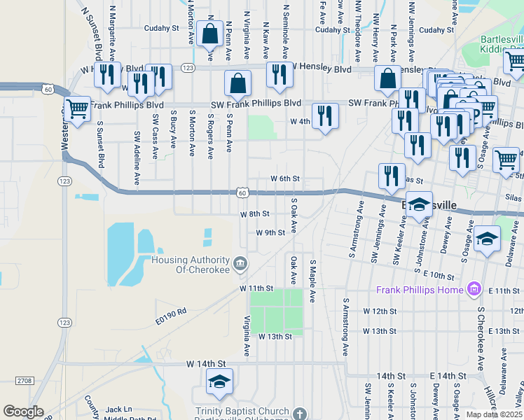 map of restaurants, bars, coffee shops, grocery stores, and more near 812 East 8th Street in Bartlesville