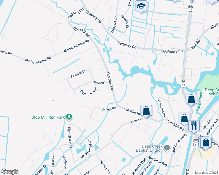 map of restaurants, bars, coffee shops, grocery stores, and more near 3305 Georgie Court in Chesapeake