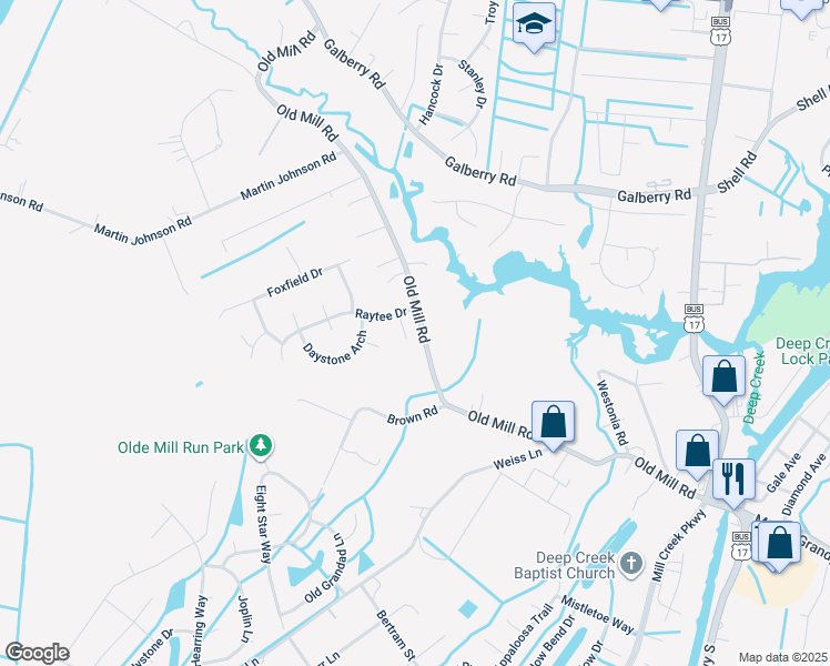 map of restaurants, bars, coffee shops, grocery stores, and more near 3305 Georgie Court in Chesapeake