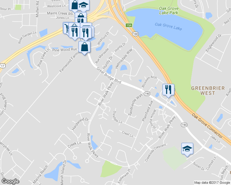 map of restaurants, bars, coffee shops, grocery stores, and more near 841 Royal Grove Court in Chesapeake
