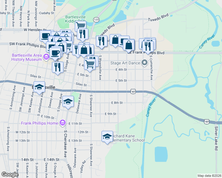 map of restaurants, bars, coffee shops, grocery stores, and more near 510 South Seneca Avenue in Bartlesville