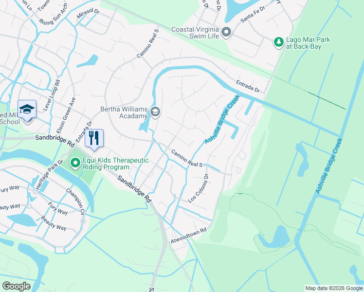 map of restaurants, bars, coffee shops, grocery stores, and more near 2488 Las Brisas Drive in Virginia Beach