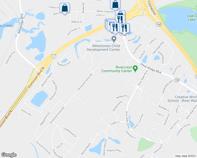 map of restaurants, bars, coffee shops, grocery stores, and more near 631 Fernwood Farms Road in Chesapeake