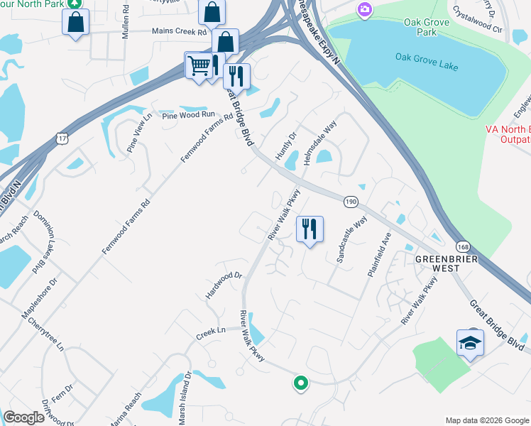 map of restaurants, bars, coffee shops, grocery stores, and more near 1001 River Walk Parkway in Chesapeake