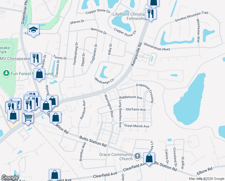 map of restaurants, bars, coffee shops, grocery stores, and more near 1240 Windswept Circle in Chesapeake