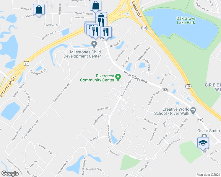 map of restaurants, bars, coffee shops, grocery stores, and more near 835 Rivanna River Reach in Chesapeake