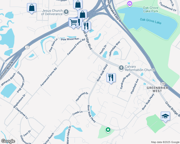 map of restaurants, bars, coffee shops, grocery stores, and more near 835 Rivanna River Reach in Chesapeake