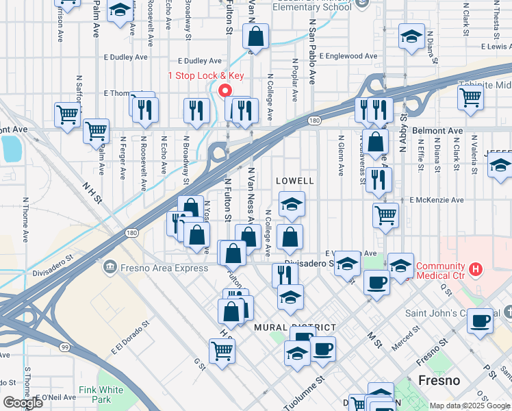 map of restaurants, bars, coffee shops, grocery stores, and more near 240 North Van Ness Avenue in Fresno
