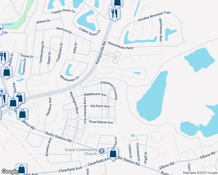 map of restaurants, bars, coffee shops, grocery stores, and more near 1108 Timber Neck Mall in Chesapeake