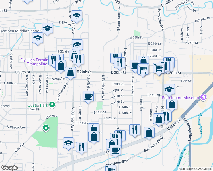 map of restaurants, bars, coffee shops, grocery stores, and more near 2105 East 18th Street in Farmington
