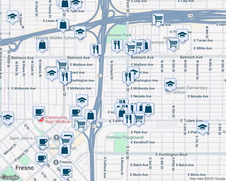 map of restaurants, bars, coffee shops, grocery stores, and more near 3006 East McKenzie Avenue in Fresno