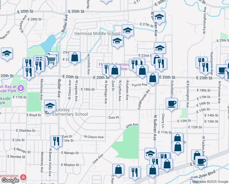 map of restaurants, bars, coffee shops, grocery stores, and more near 1525 Zuni Drive in Farmington