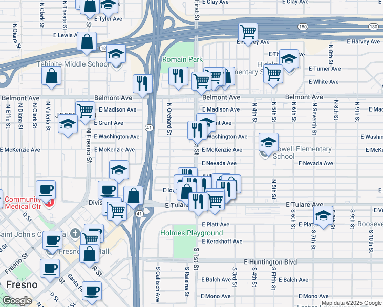 map of restaurants, bars, coffee shops, grocery stores, and more near 3049 East McKenzie Avenue in Fresno